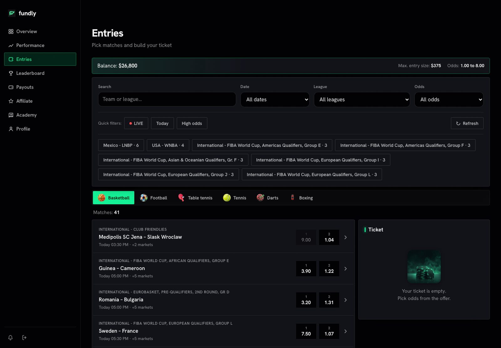 Fundly entries screen showing live sports matches and odds